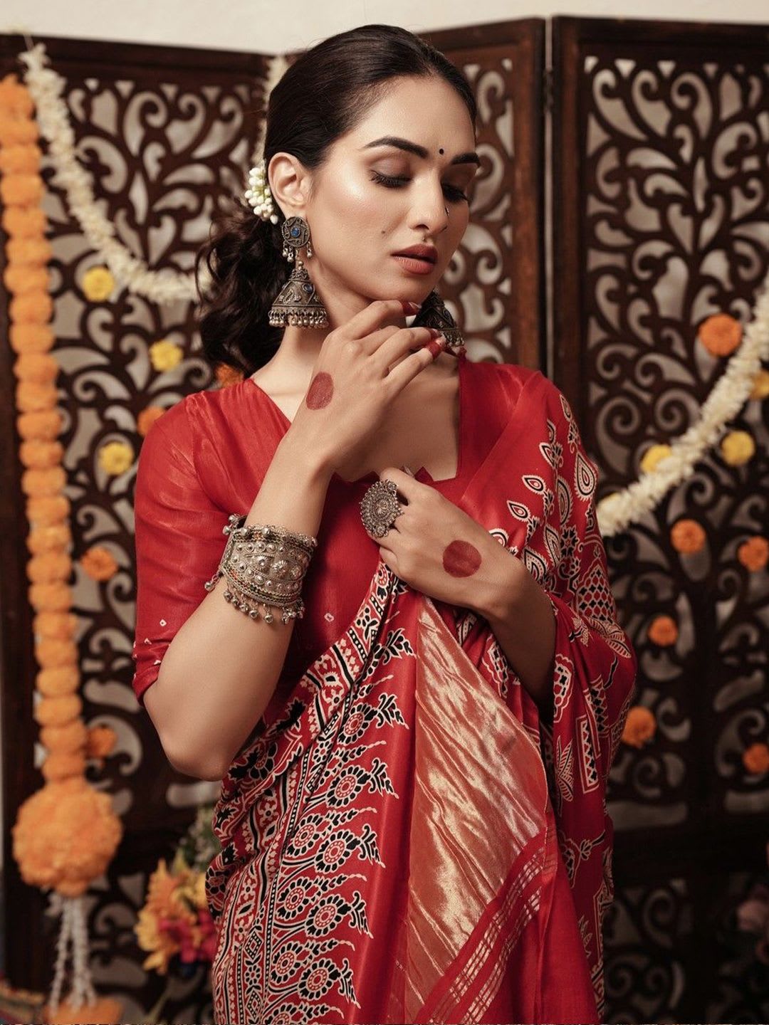 Taavi Ajrakh Printed With Zari Pallu Saree With Unstitched Blouse - default view