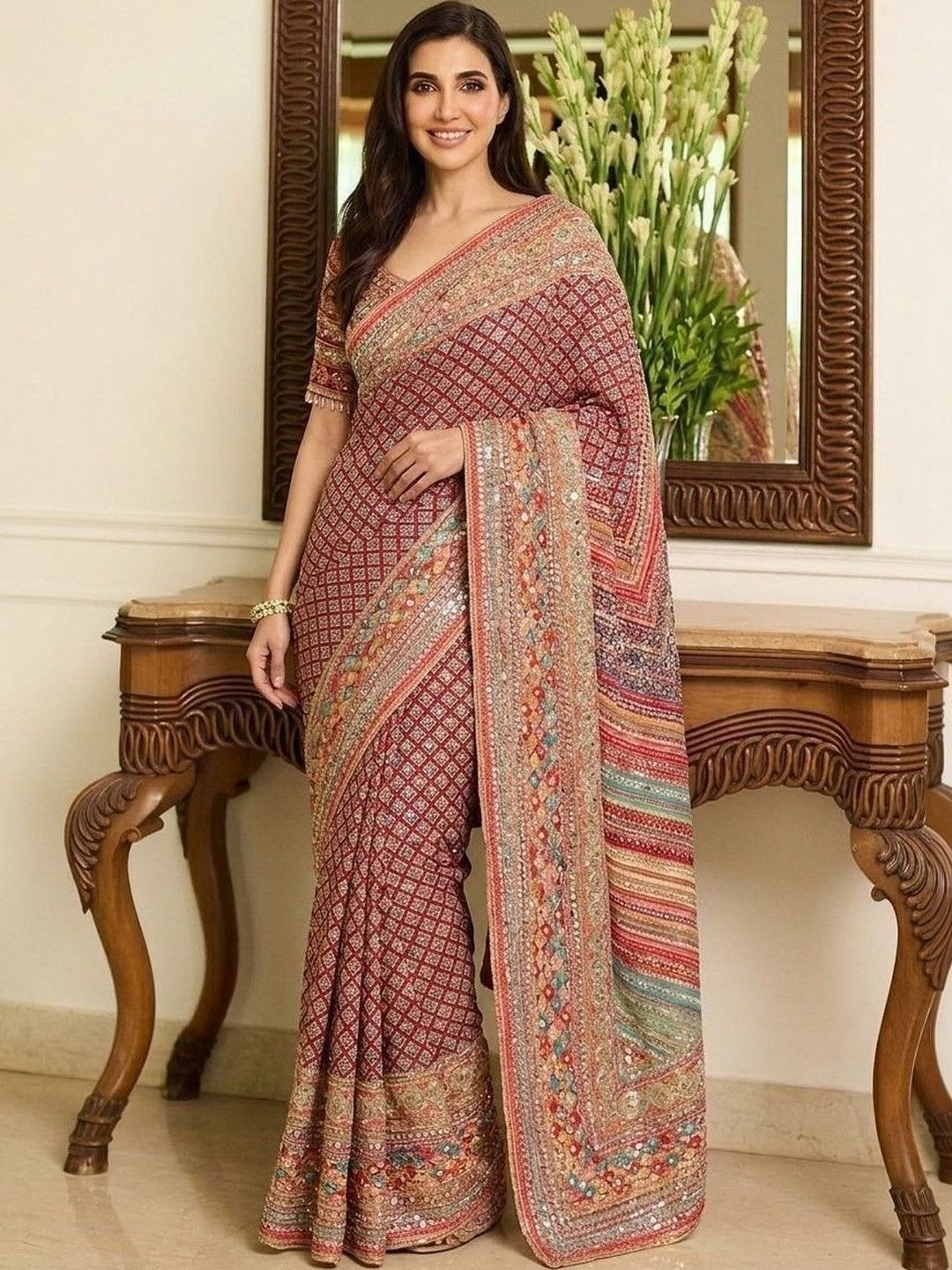 Sangria Ethnic Motifs Sequinned Pure Chiffon Heavy Work Saree - default view