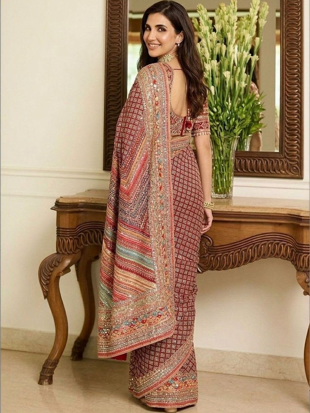 Sangria Ethnic Motifs Sequinned Pure Chiffon Heavy Work Saree - back view