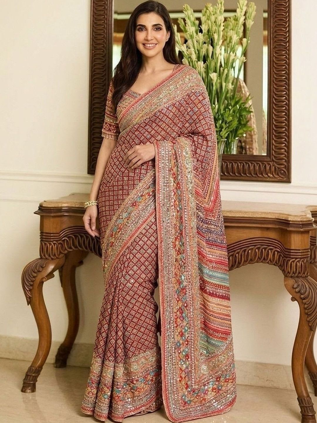 Sangria Ethnic Motifs Sequinned Pure Chiffon Heavy Work Saree - left view