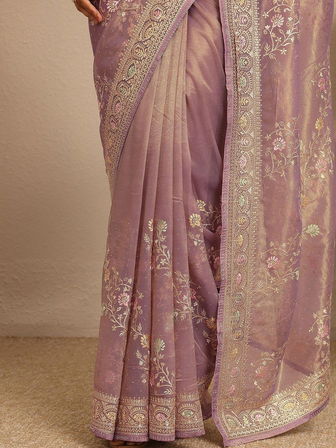 Libas Lavender Embroidered Nylon Saree With Unstitched Blouse Piece - right view