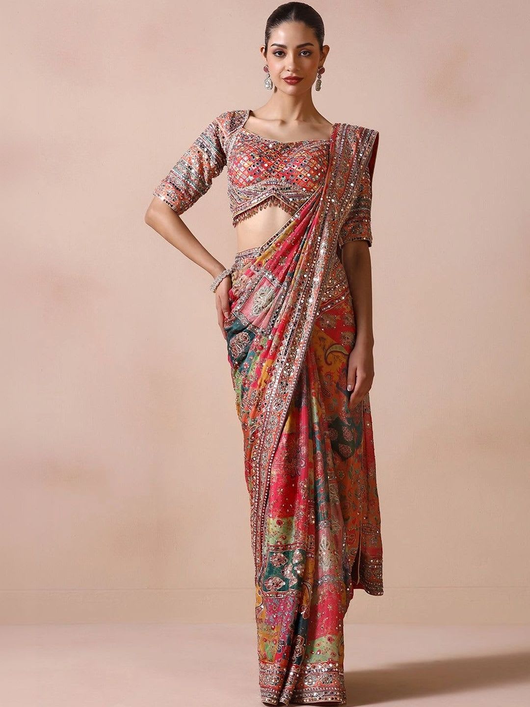 DJV Fashion Paisley Mirror Work Silk Blend Ikat Saree - default view