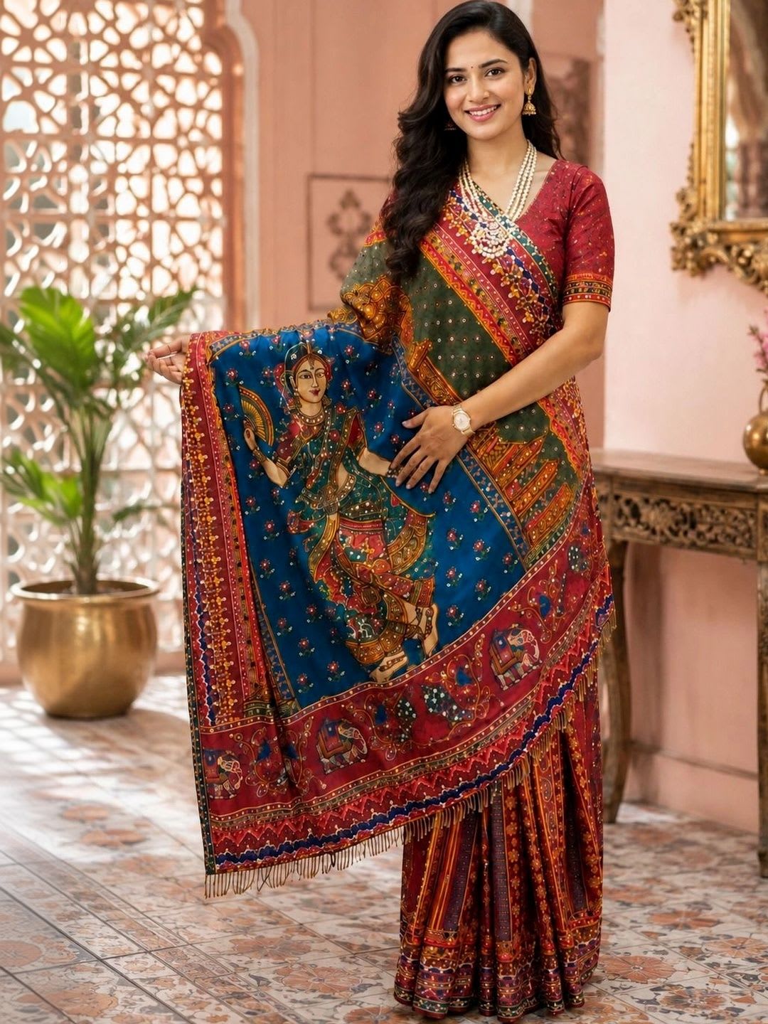 DJV Fashion Kalamkari Mirror Work Leheriya Saree - default view