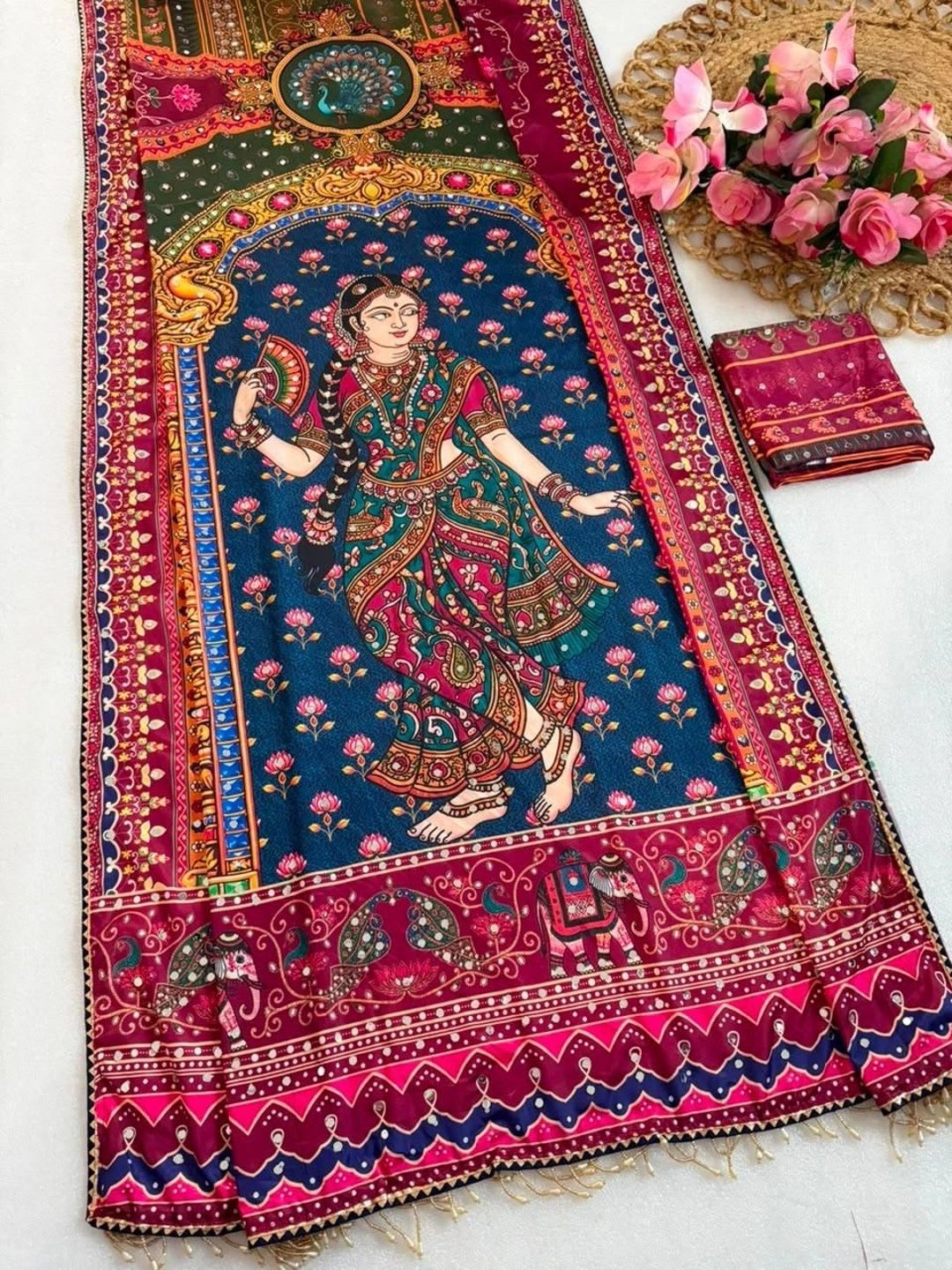 DJV Fashion Kalamkari Mirror Work Leheriya Saree - right view