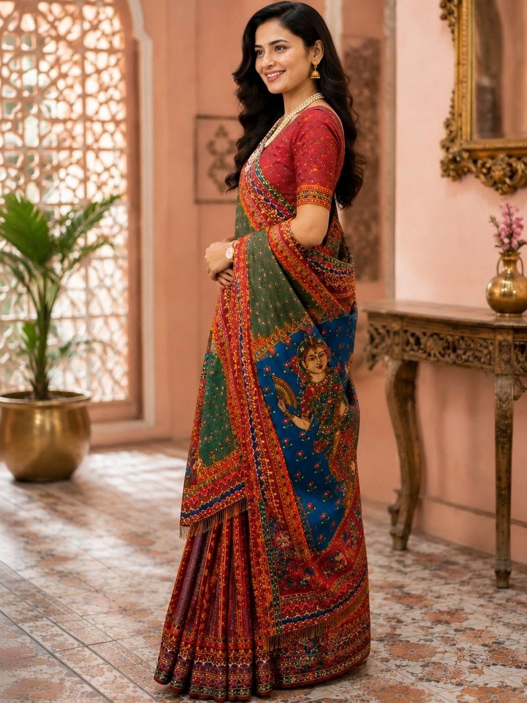 DJV Fashion Kalamkari Mirror Work Leheriya Saree - back view