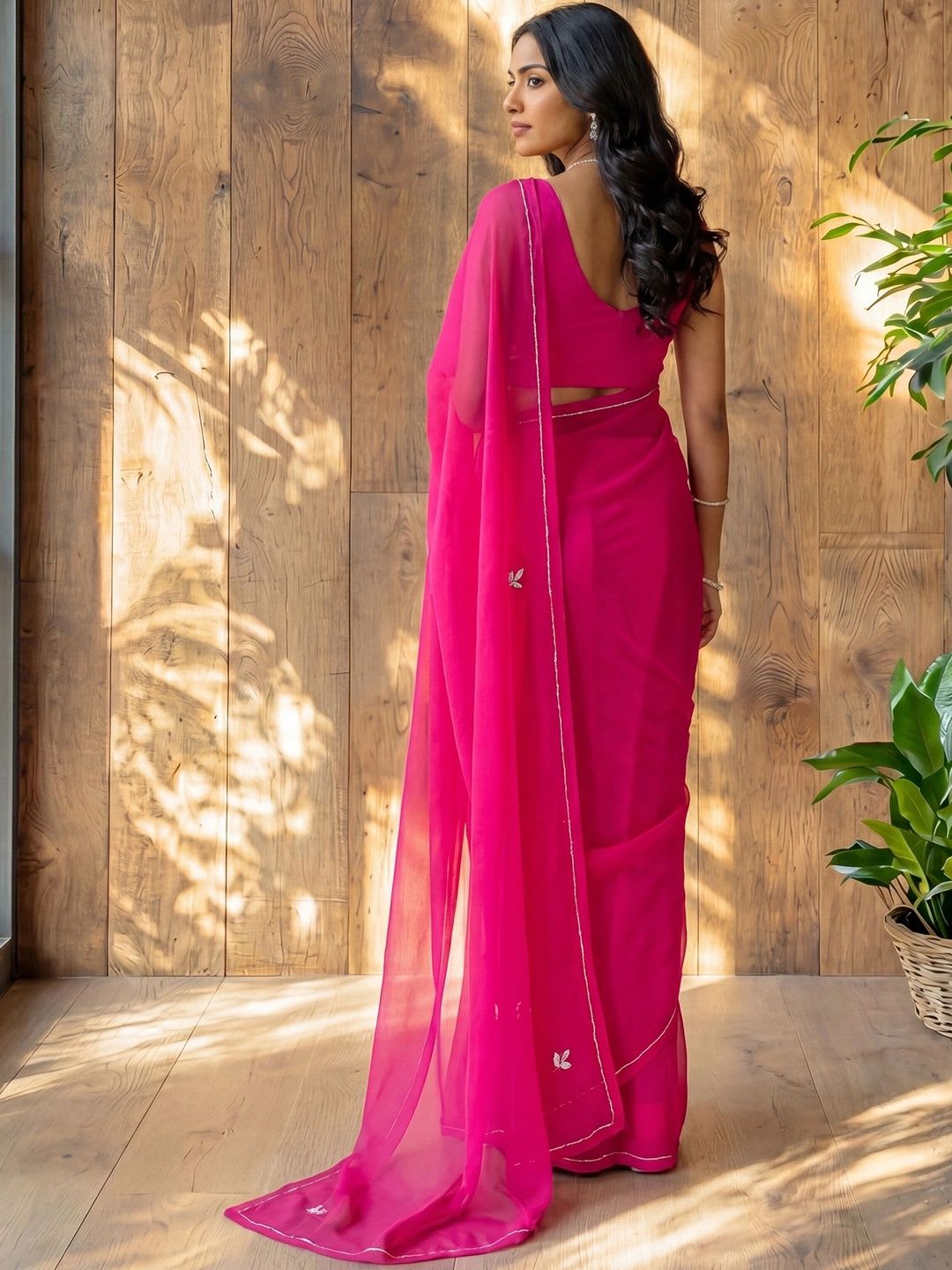 Anouk Floral Embroidered Poly Georgette Designer Saree - back view