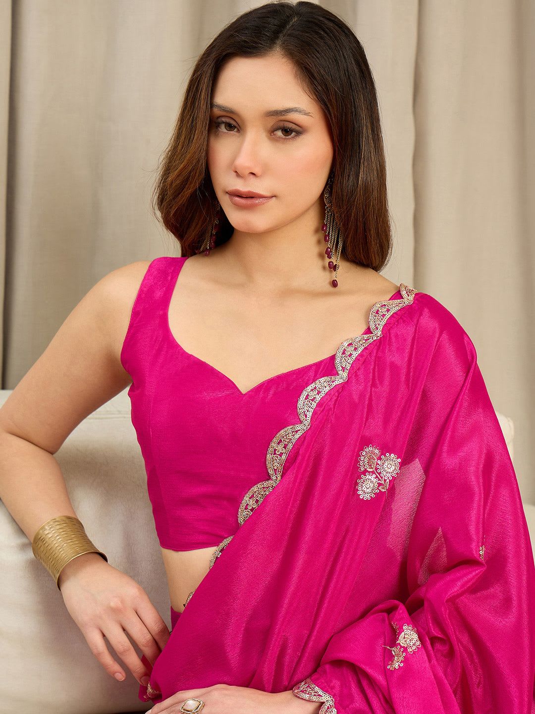 Saree mall Embellished Zari Pure Chiffon Heavy Work Ready To Wear Sarees - right view