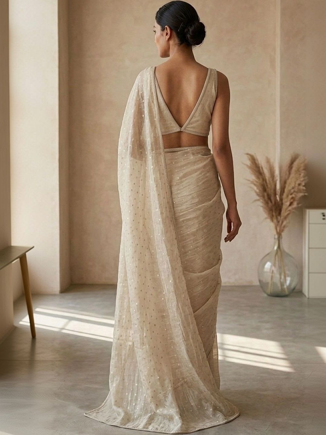 HANDME Royal Beige Crinkled Zari Butti Crystal Lace Saree with Blouse Fabric - back view