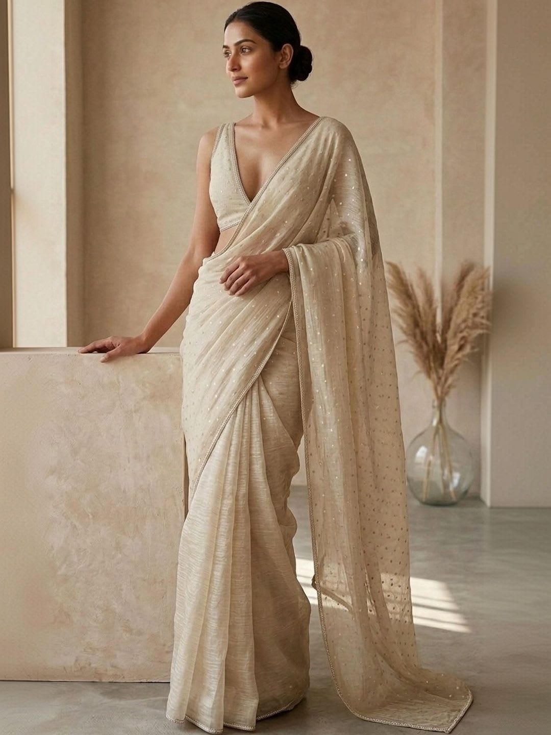 HANDME Royal Beige Crinkled Zari Butti Crystal Lace Saree with Blouse Fabric - left view