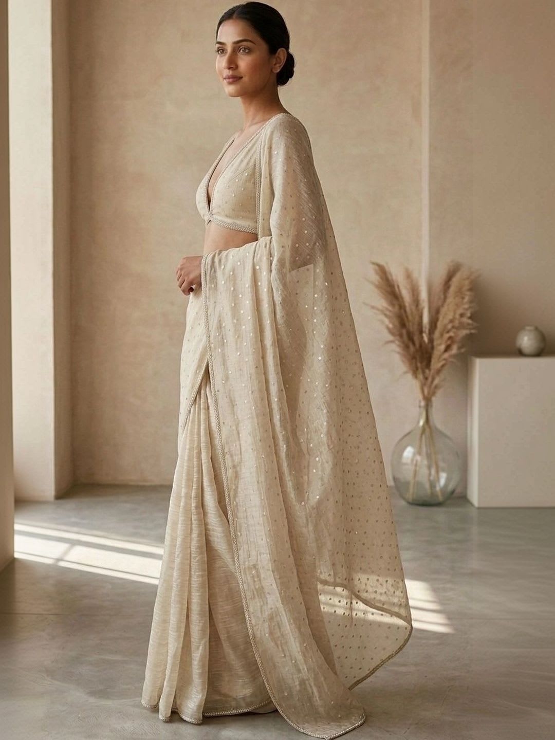 HANDME Royal Beige Crinkled Zari Butti Crystal Lace Saree with Blouse Fabric - right view