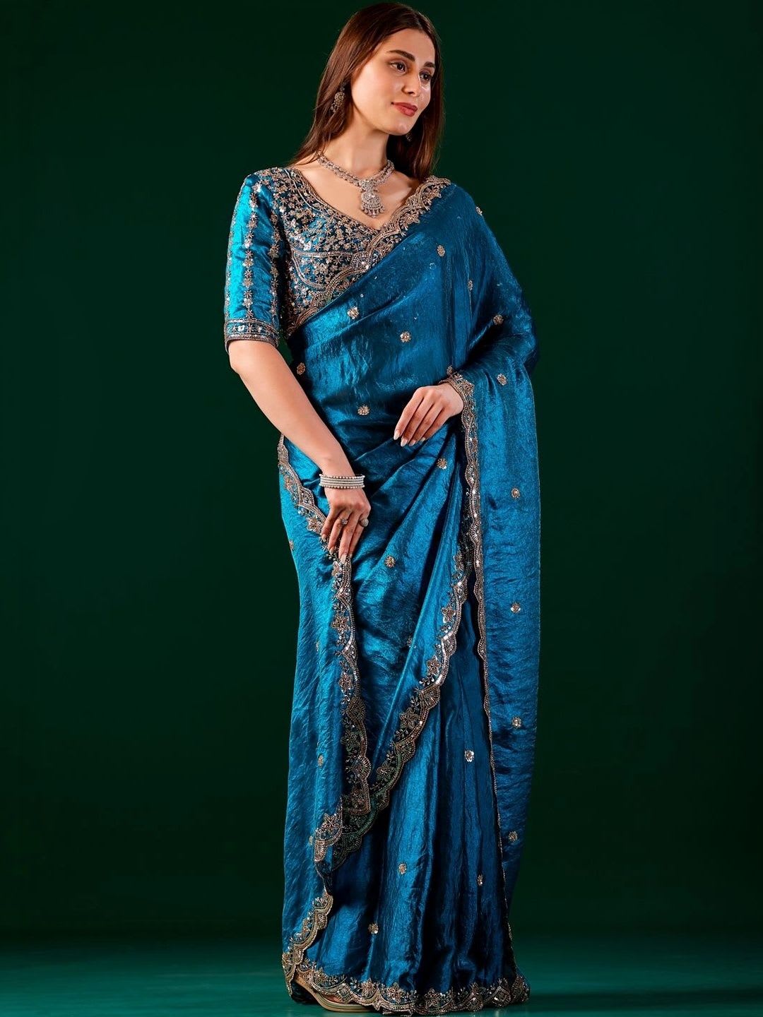KANYAARI Nora Blue Saree Cutdana and beads Work - left view