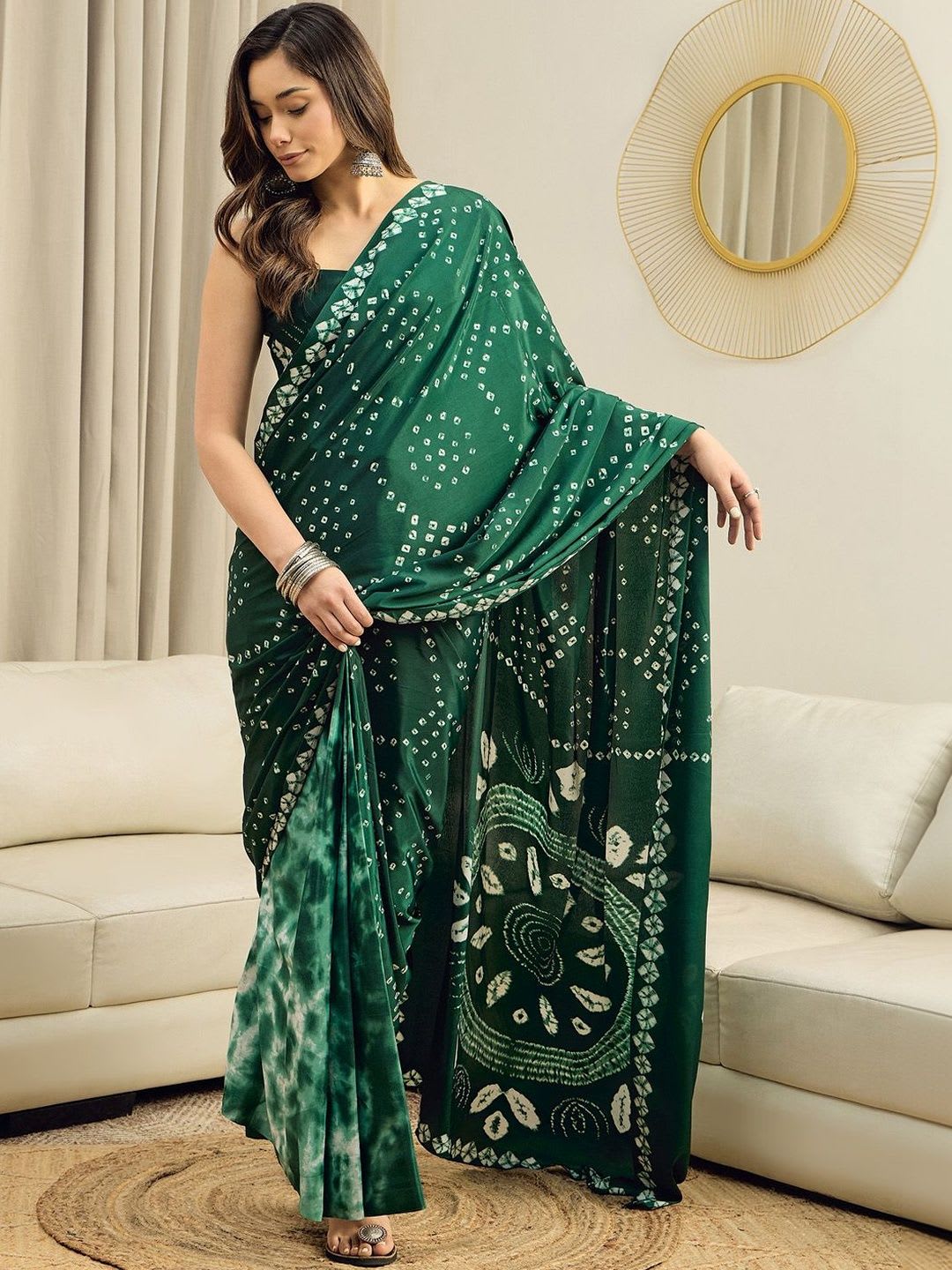 Sangria Bandhani Printed Pure Crepe Ready to Wear Saree With Unstitched Blouse - default view