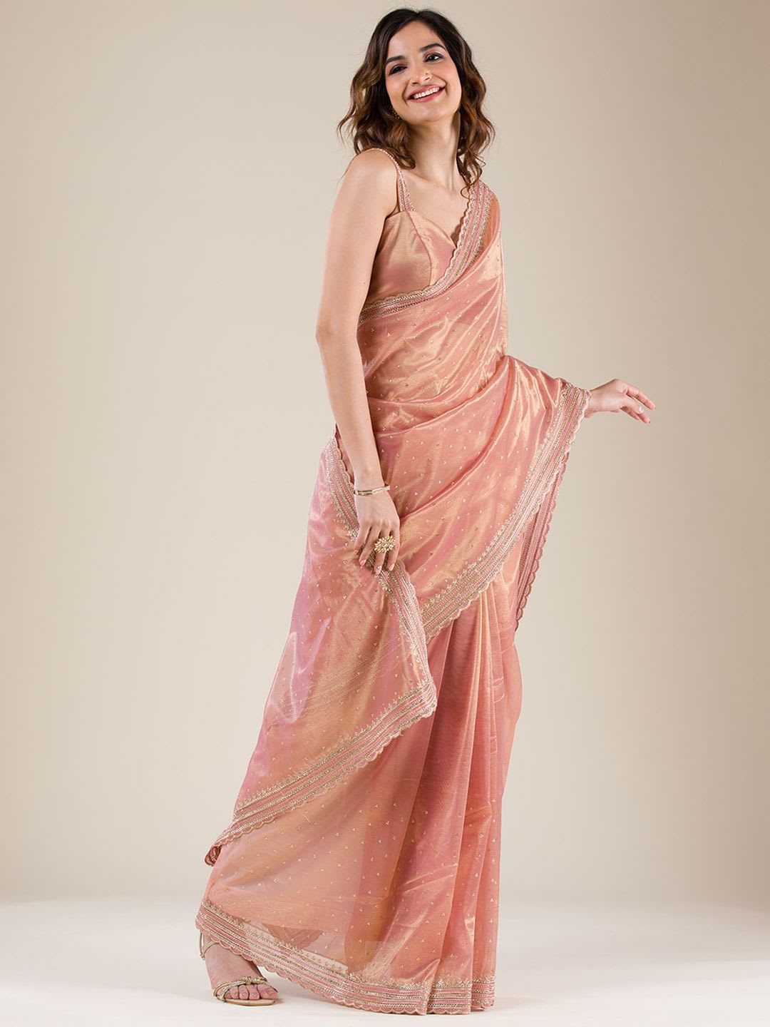Koskii Women Zariwork Mauve Organza Saree With Unstitched Blouse - back view