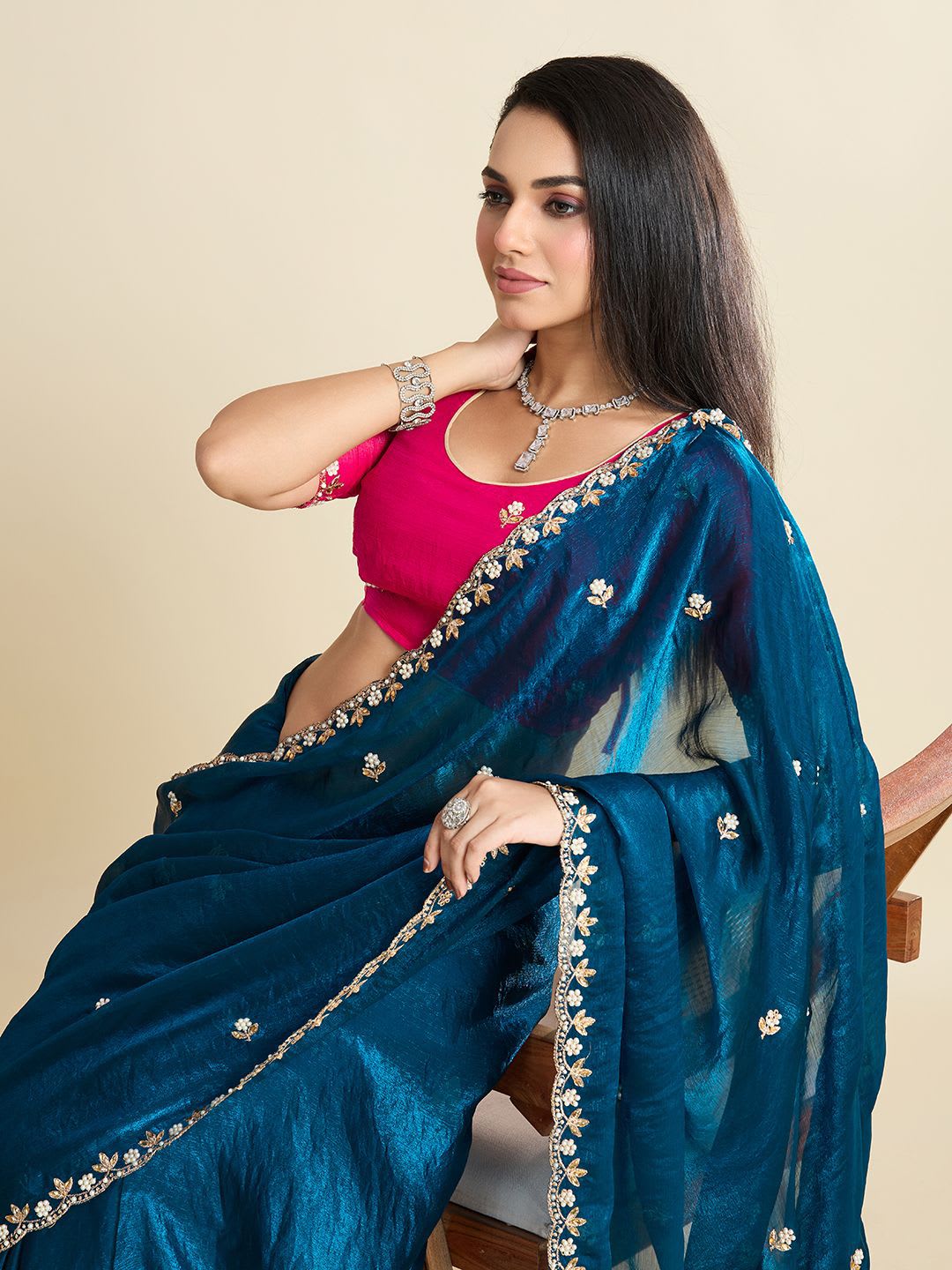 Kandora Women Embroidered Embellished Beads and Stones Pure Chiffon Saree - default view
