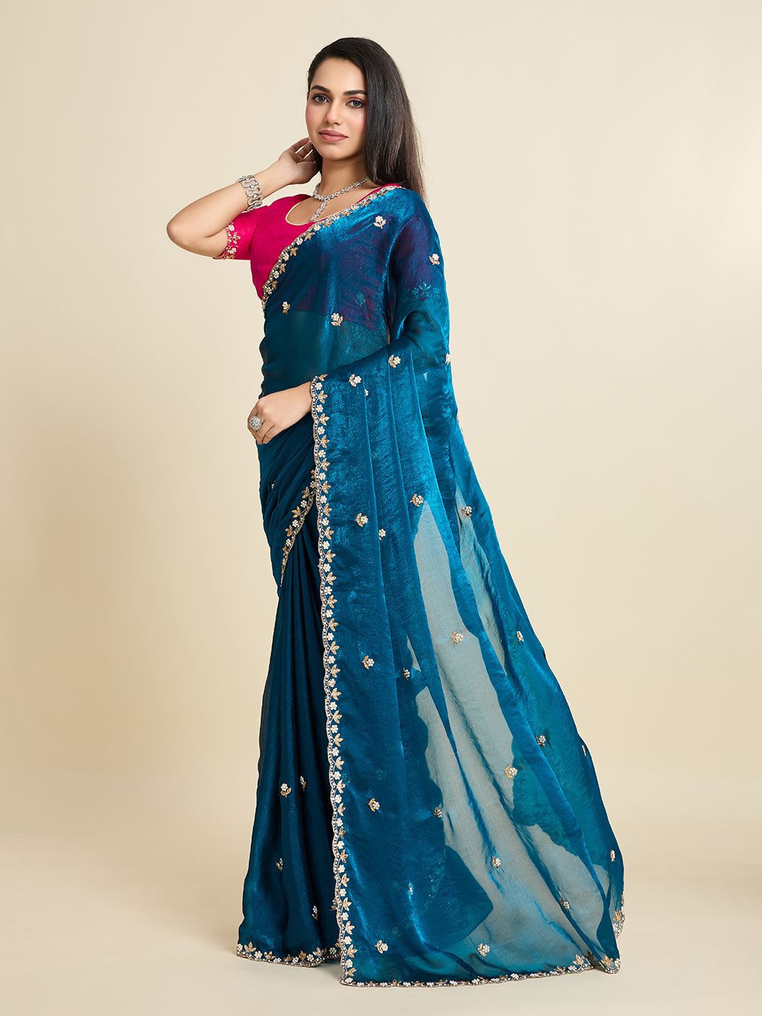 Kandora Women Embroidered Embellished Beads and Stones Pure Chiffon Saree - back view