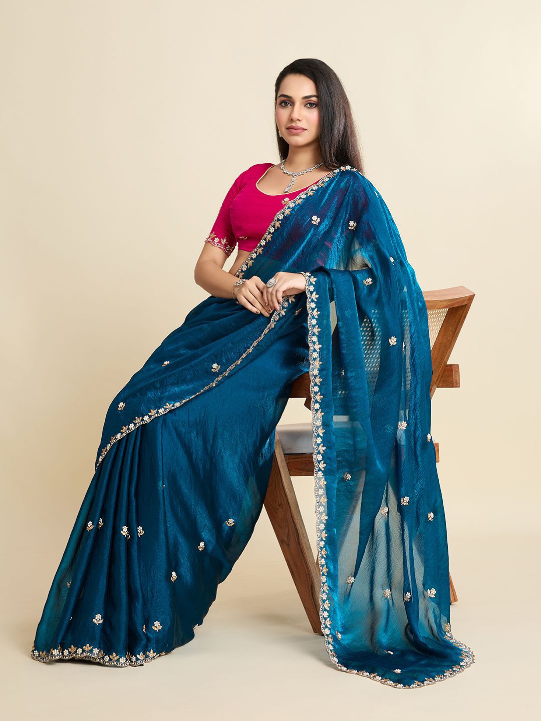 Kandora Women Embroidered Embellished Beads and Stones Pure Chiffon Saree - left view
