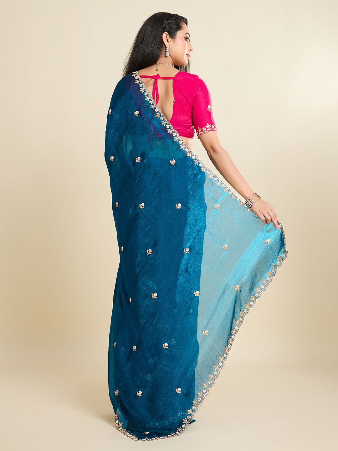 Kandora Women Embroidered Embellished Beads and Stones Pure Chiffon Saree - right view