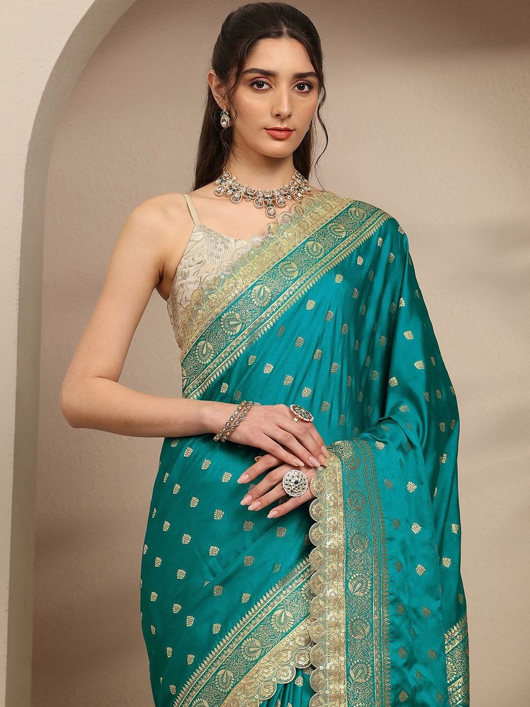 Libas Green Ethnic Motifs Woven Design Saree With Unstitched Blouse Piece - back view