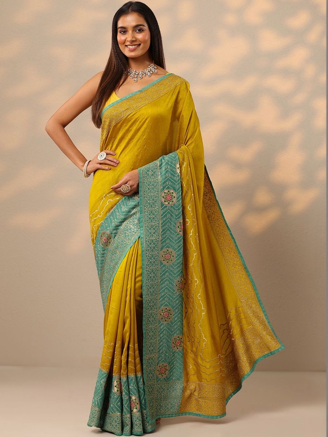 Libas Mustard Embellished Saree With Unstitched Blouse Piece - default view