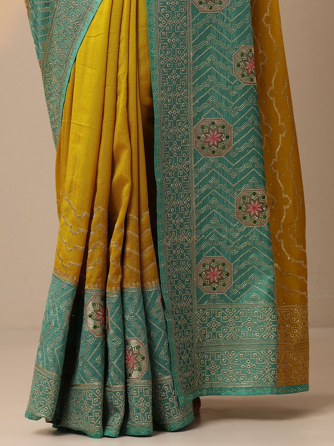 Libas Mustard Embellished Saree With Unstitched Blouse Piece - back view