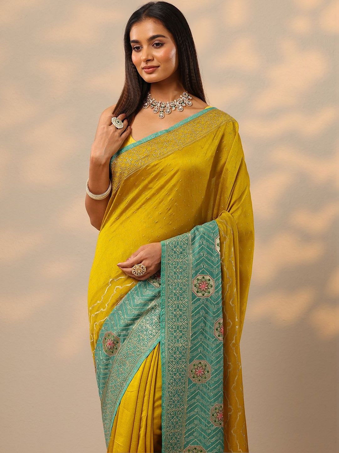 Libas Mustard Embellished Saree With Unstitched Blouse Piece - left view