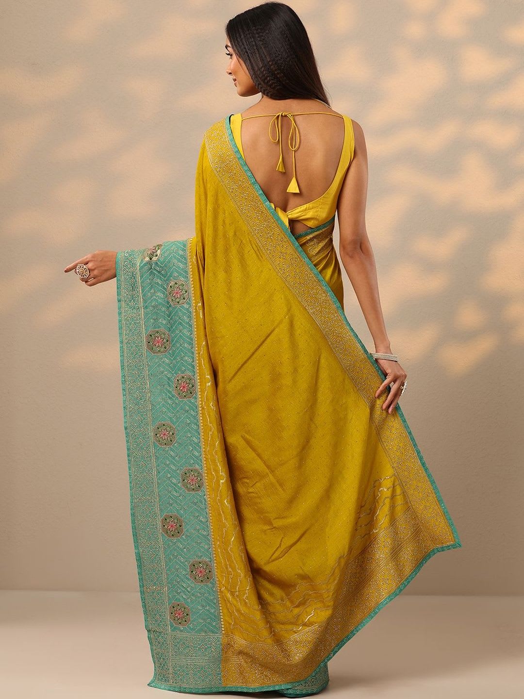 Libas Mustard Embellished Saree With Unstitched Blouse Piece - right view