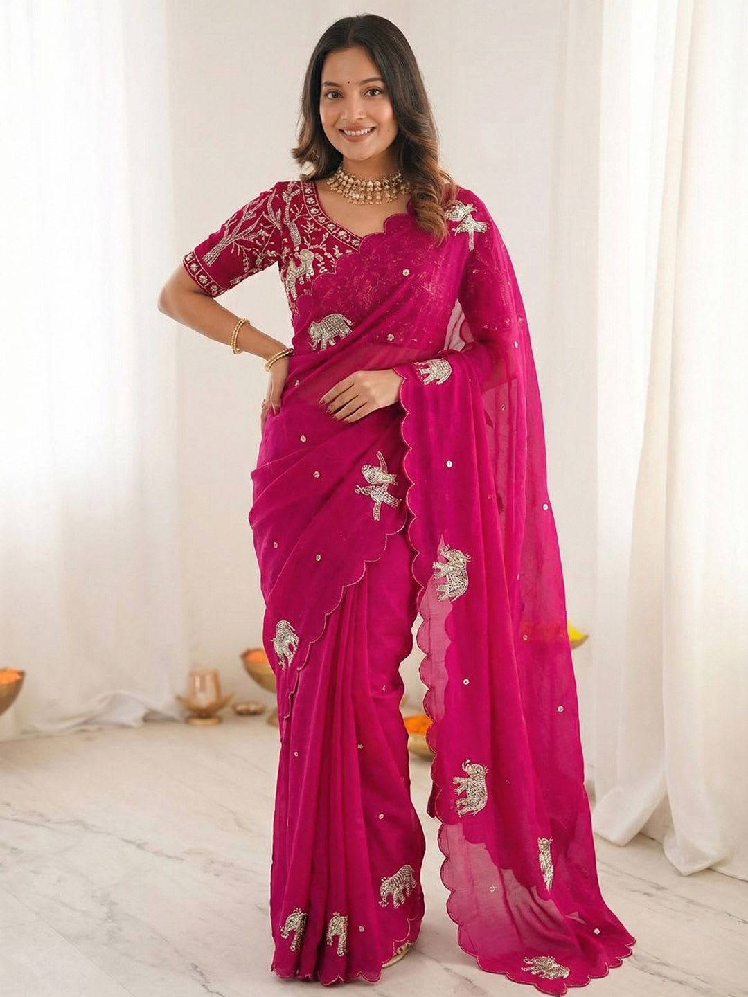 Kalista Ethnic Motif Embroidered Satin Heavy Work Saree with Embroidered Unstitched blouse - back view