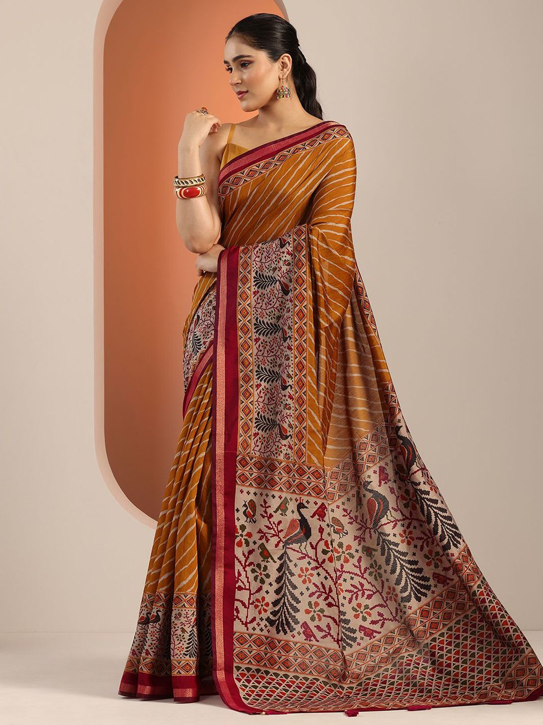 Libas Mustard Leheriya Printed Cotton Blend Saree With Unstitched Blouse Piece - back view