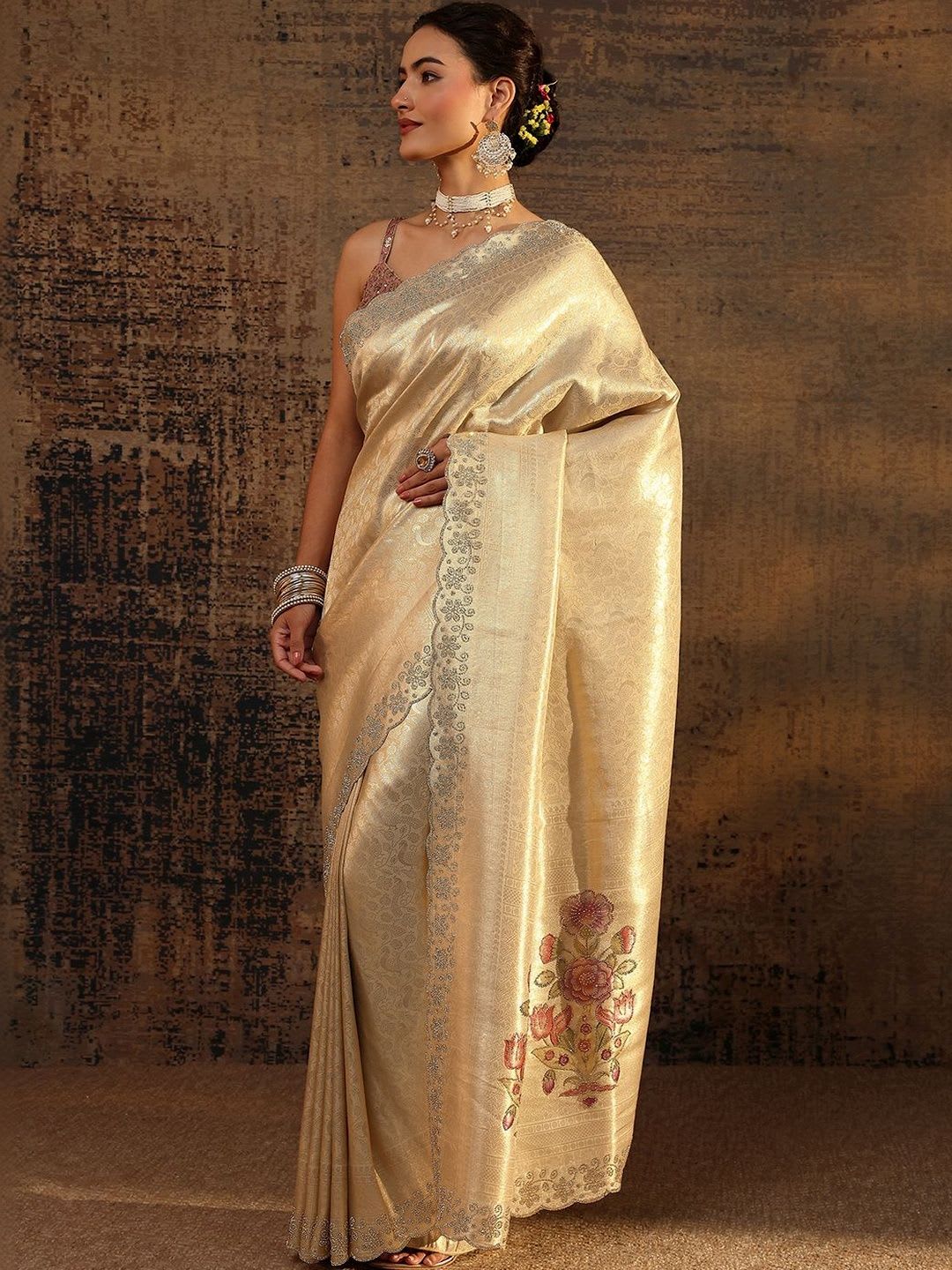 Libas Woven Design Embroidered Silk Blend Saree - left view