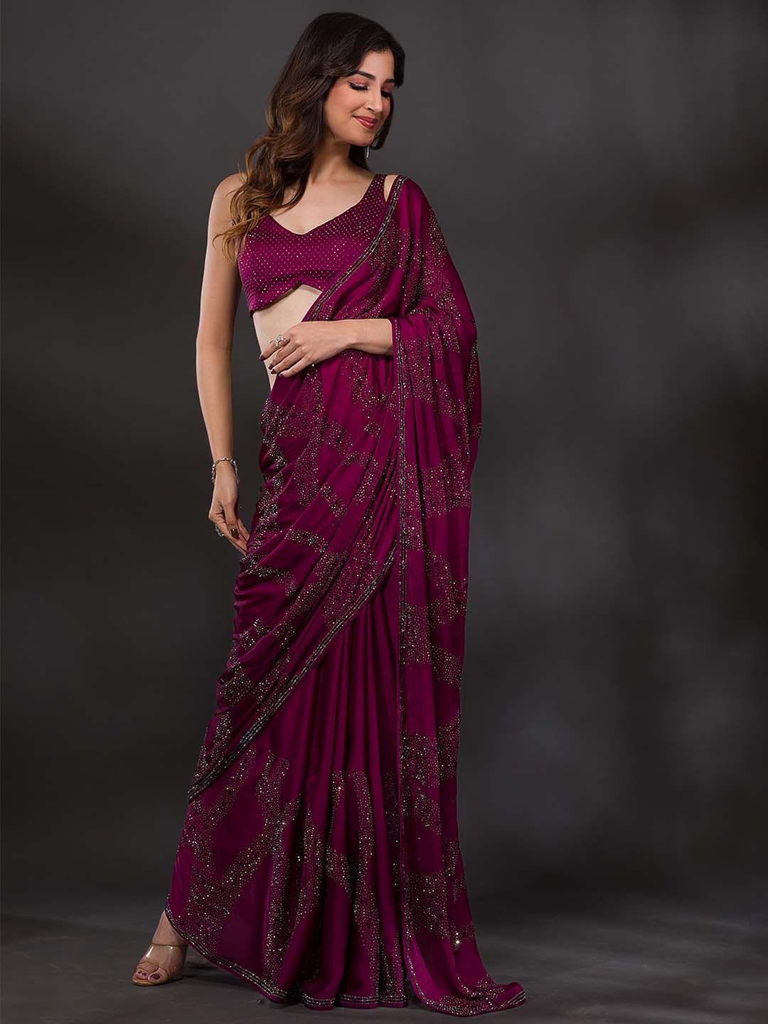 Koskii Women Swarovski Wine Satin Saree With Unstitched Blouse - default view