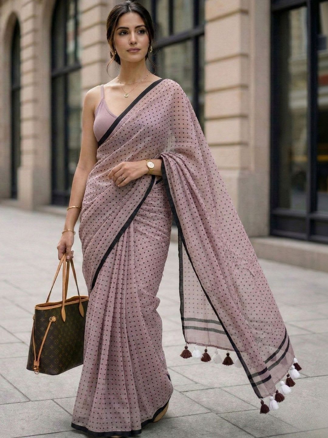 MAYIN India Women Beige Polka Dot Printed Pure Mul Cotton Saree - default view