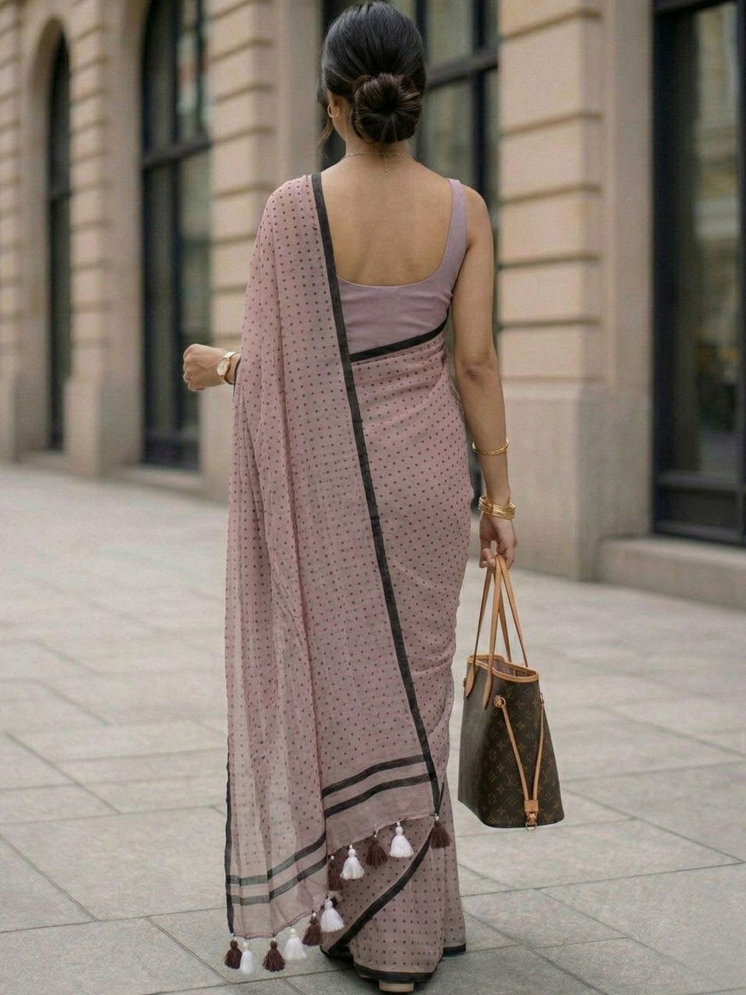 MAYIN India Women Beige Polka Dot Printed Pure Mul Cotton Saree - left view