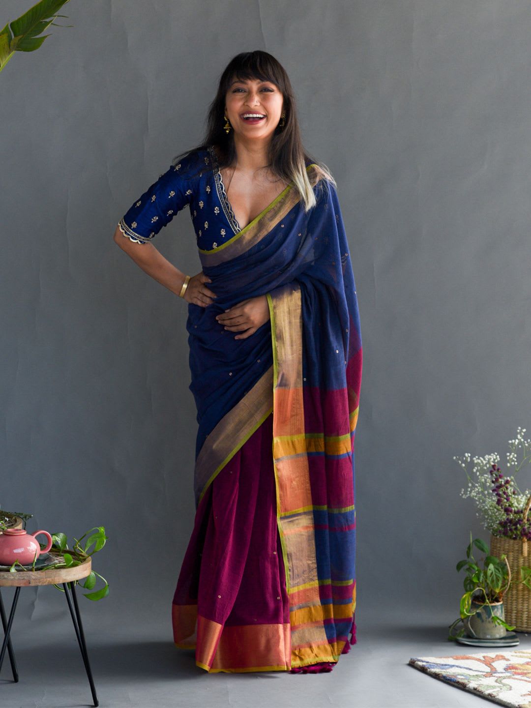 Suta Blue & Pink Embellished Zari Pure Cotton Saree - default view