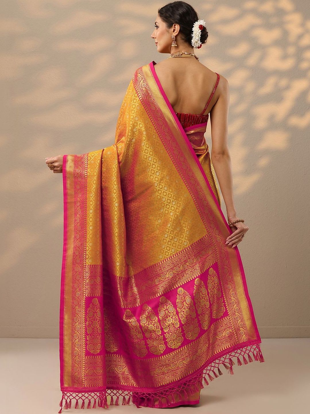 Libas Orange Woven Design Kanjeevaram Saree With Unstitched Blouse Piece - back view