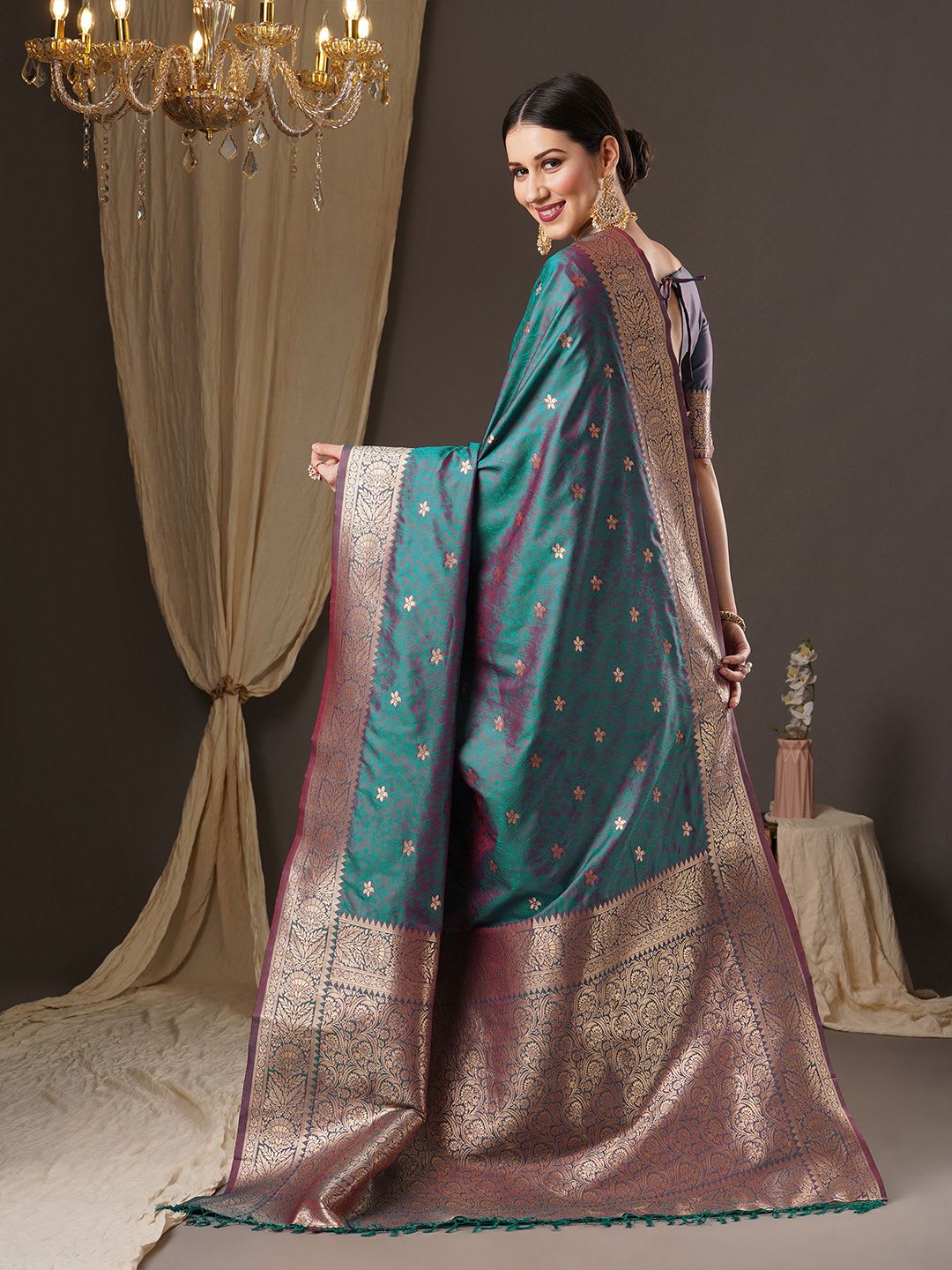 Anouk Woven Design Zari Banarasi Saree - back view
