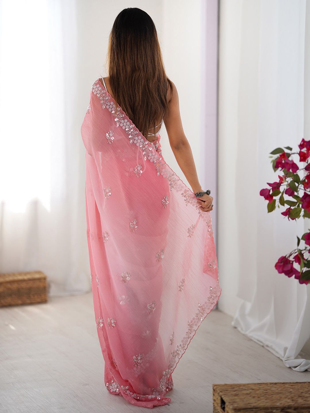 Anouk Embellished Beads and Stones Pure Chiffon Saree - back view