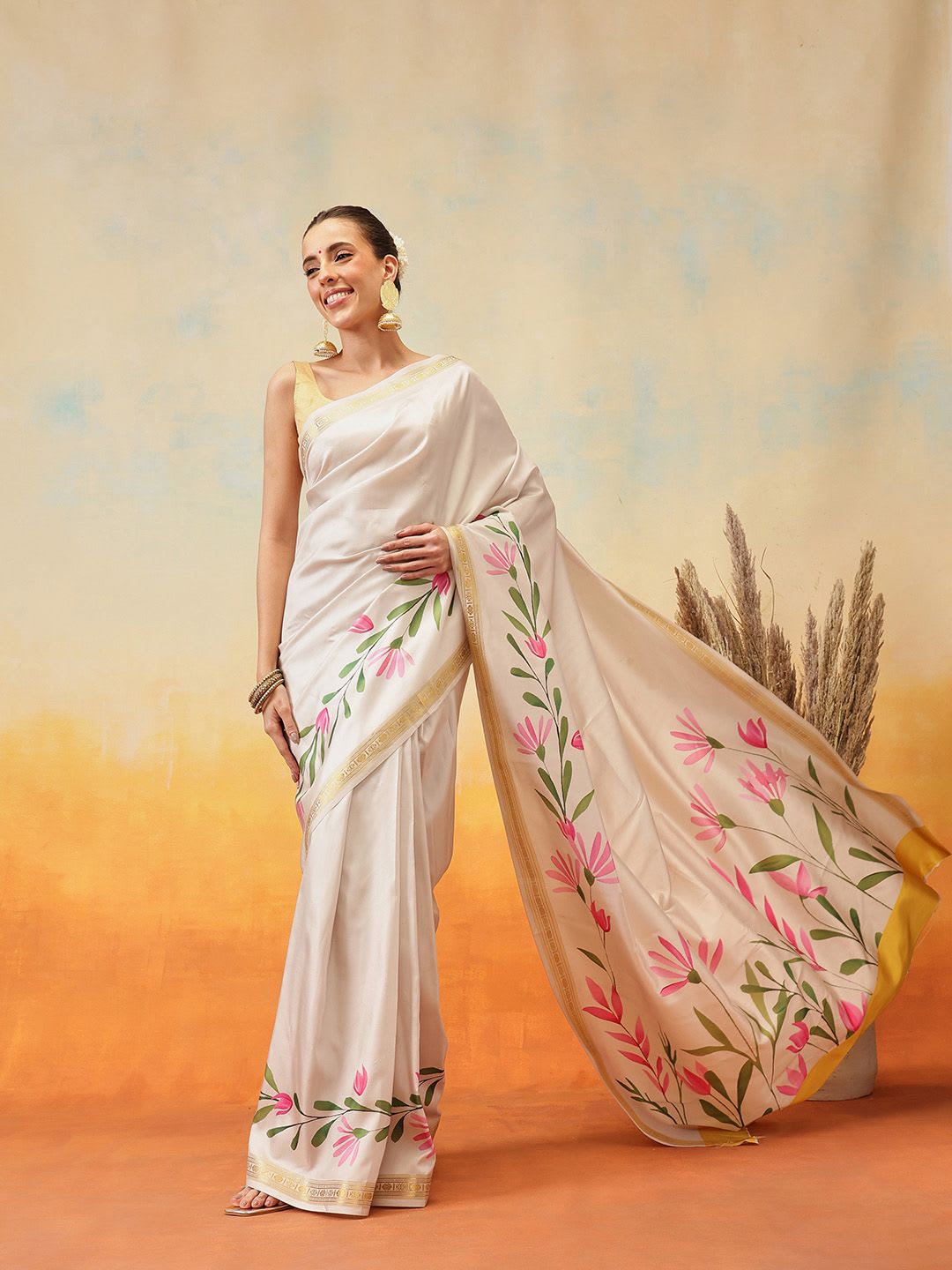 Silk Land Floral Printed Zari Ready to Wear Kasavu Saree - default view