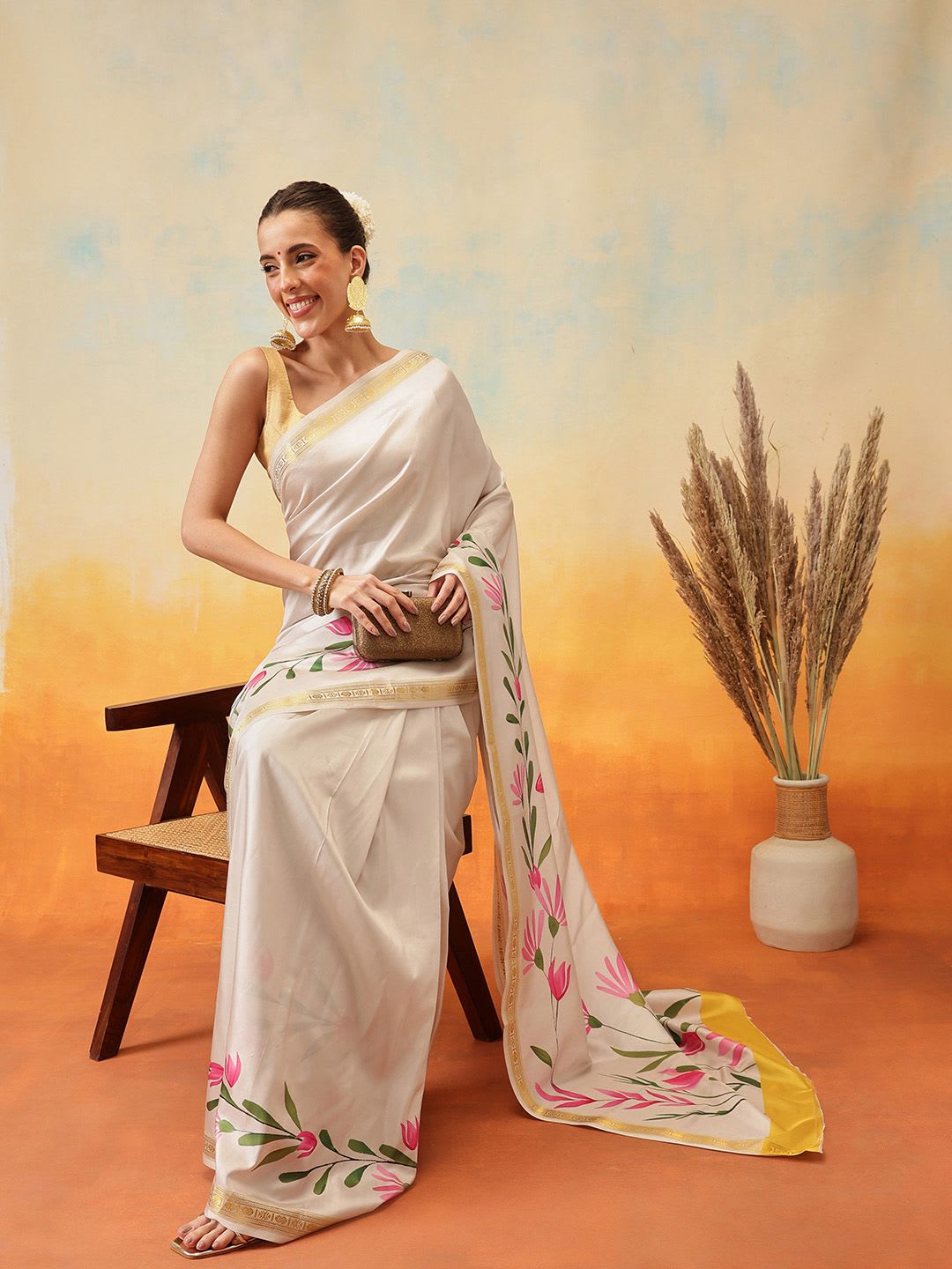 Silk Land Floral Printed Zari Ready to Wear Kasavu Saree - back view