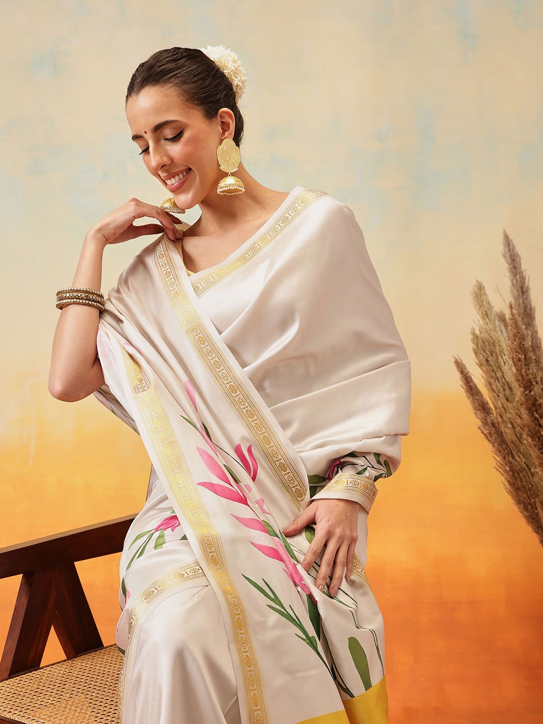 Silk Land Floral Printed Zari Ready to Wear Kasavu Saree - right view