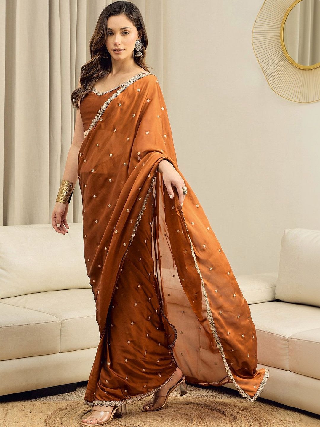 Saree mall Embellished Zari Pure Georgette Heavy Work Ready to Wear Sarees - back view
