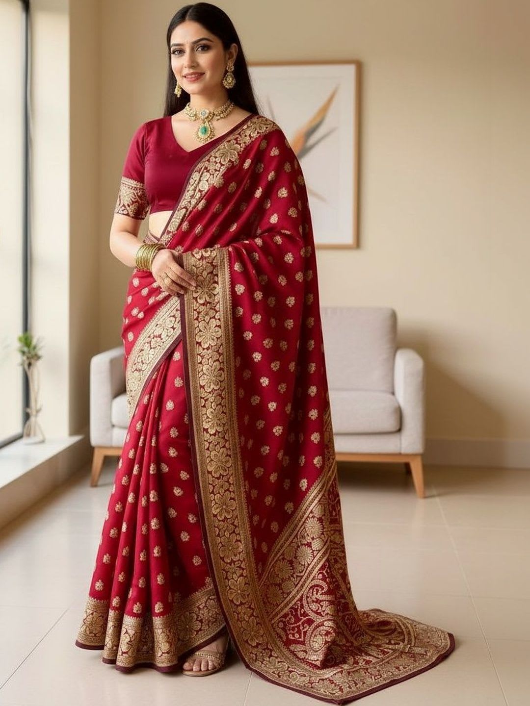 SZN Woven Design Zari Silk Blend Banarasi Saree - right view