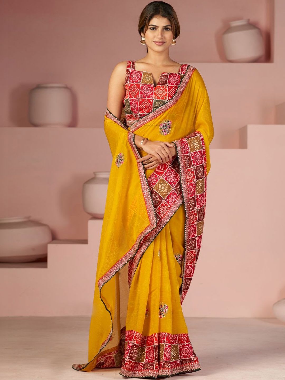 Parmila Fashion Ethnic Motifs Embroidered Tissue Heavy Work Bandhani Saree - default view
