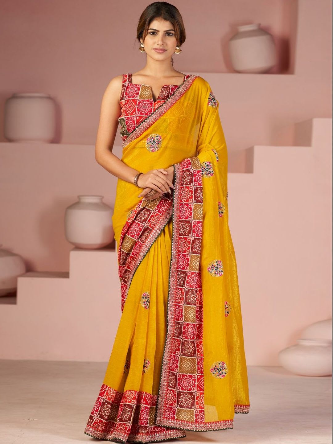 Parmila Fashion Ethnic Motifs Embroidered Tissue Heavy Work Bandhani Saree - back view