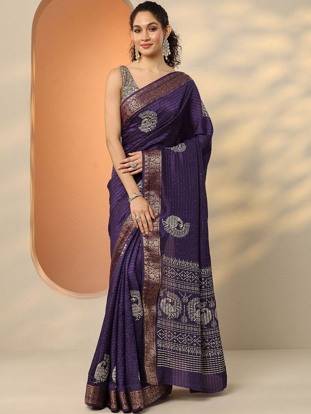 Libas Purple Embellished Saree With Unstitched Blouse Piece - default view
