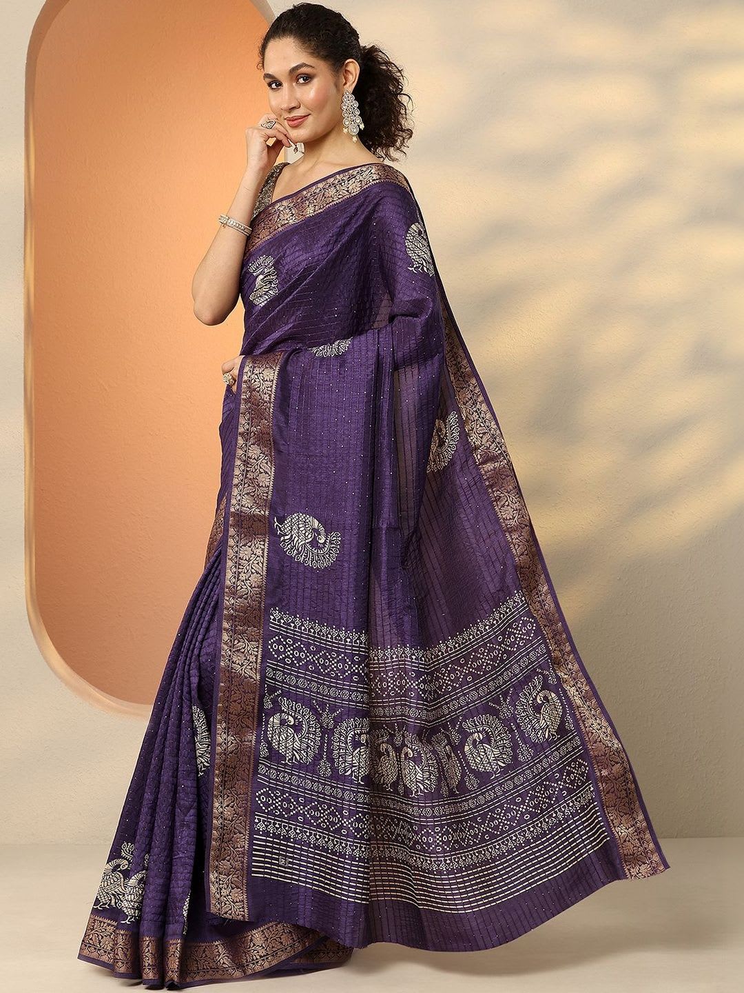 Libas Purple Embellished Saree With Unstitched Blouse Piece - back view