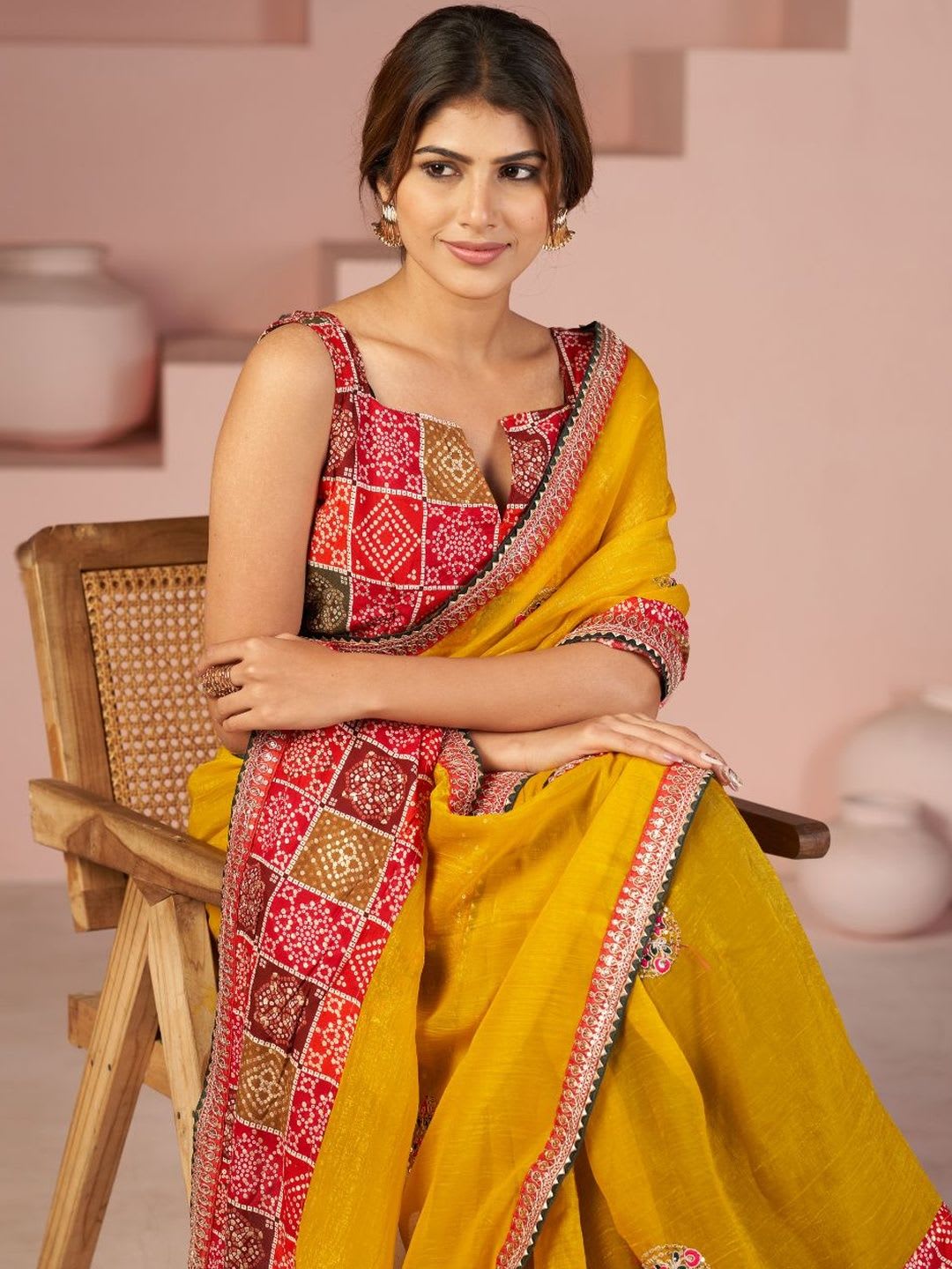 Parmila Fashion Ethnic Motifs Embroidered Tissue Heavy Work Bandhani Saree - left view