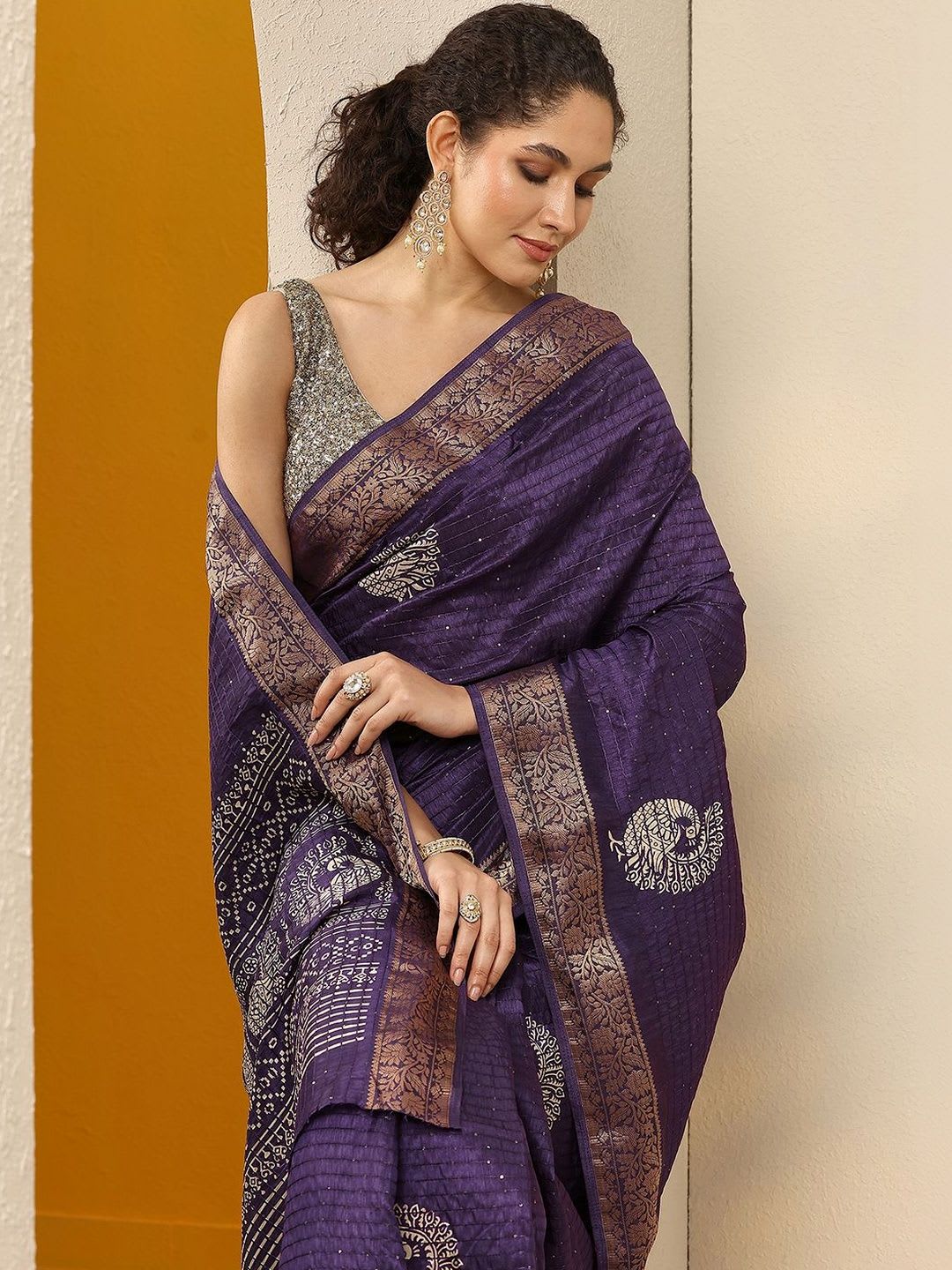 Libas Purple Embellished Saree With Unstitched Blouse Piece - left view