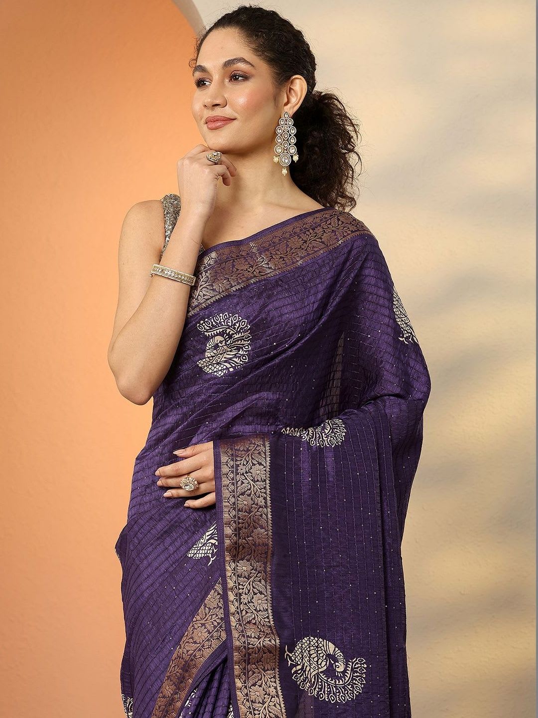 Libas Purple Embellished Saree With Unstitched Blouse Piece - right view