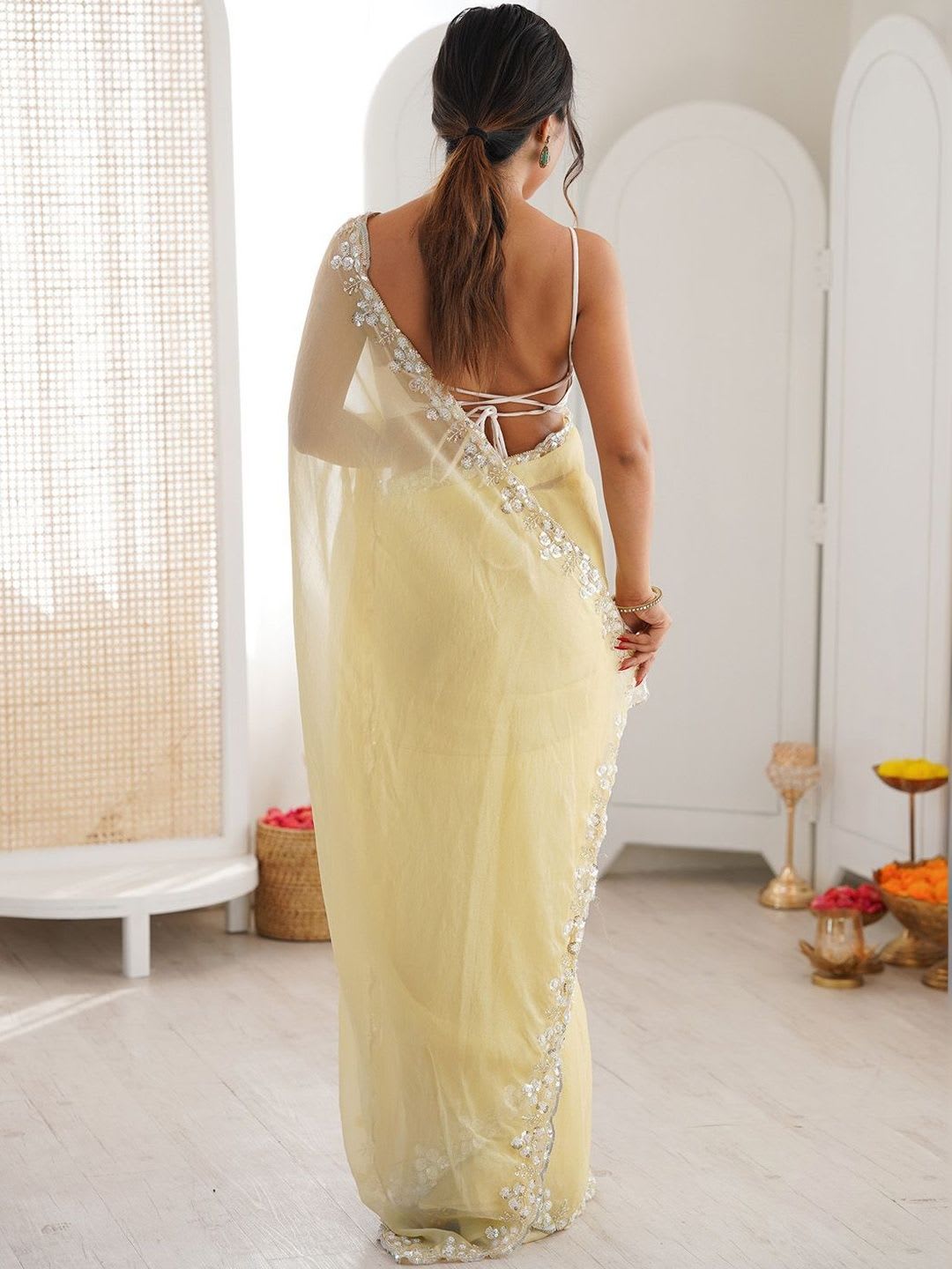 Anouk Embellished Sequinned Pure Chiffon Saree - back view