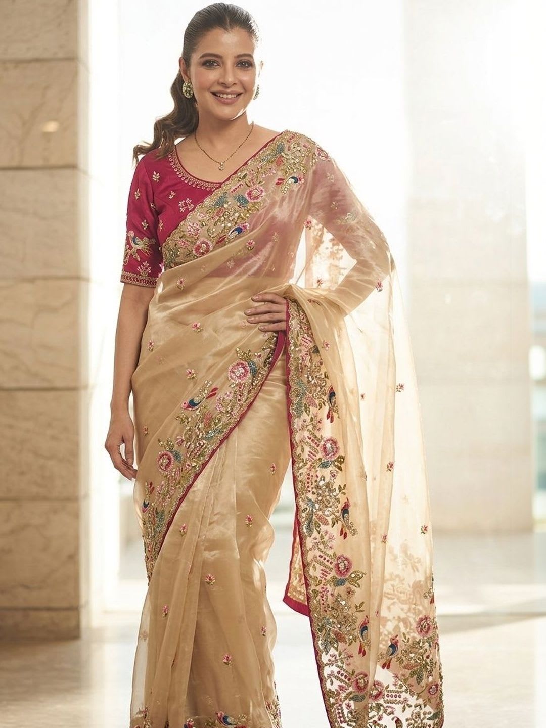 Kalista Floral Embroidered Organza Saree - back view